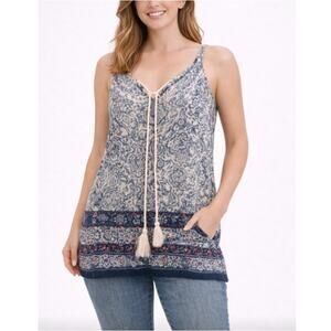 LUQ Women's Blue Floral Rachell Tie Detail Spaghetti Straps Halter Top Size S